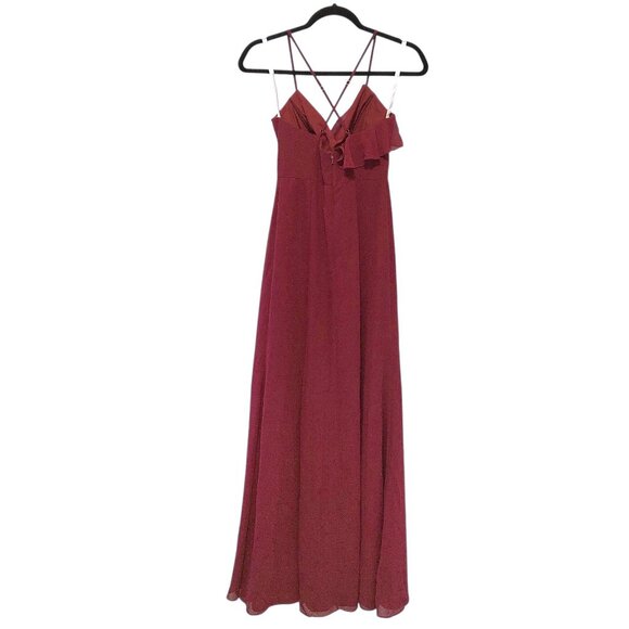Revelry Solid Red Wine Ruffle V-neck Criss-cross Back Side Slit Formal Dress 0 - Picture 2 of 8